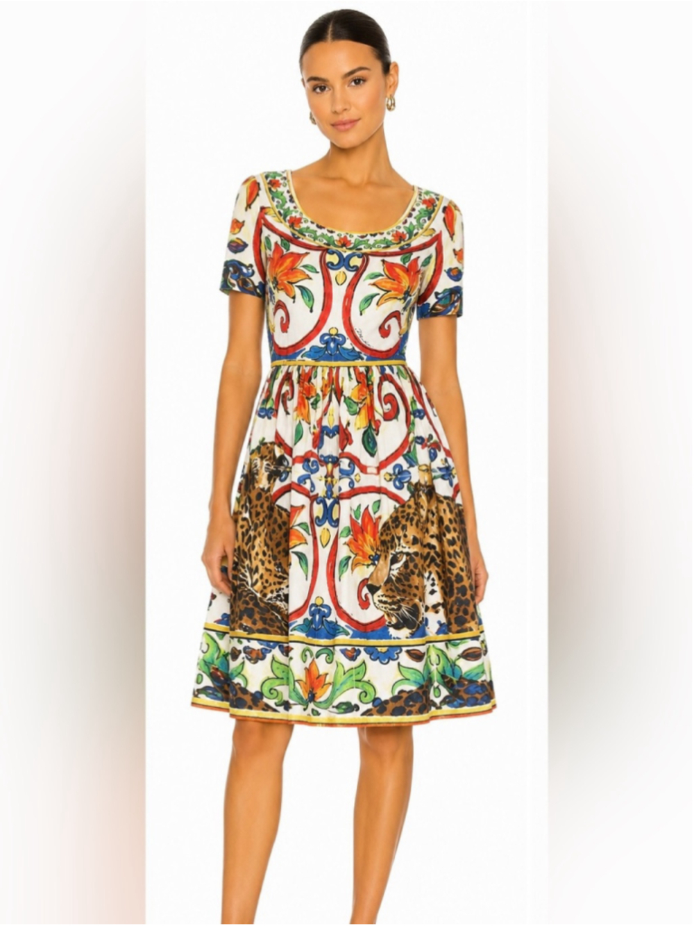 Dolce & Gabbana Multicolor Floral & Leopard Print Midi Dress small - Picture 1 of 11
